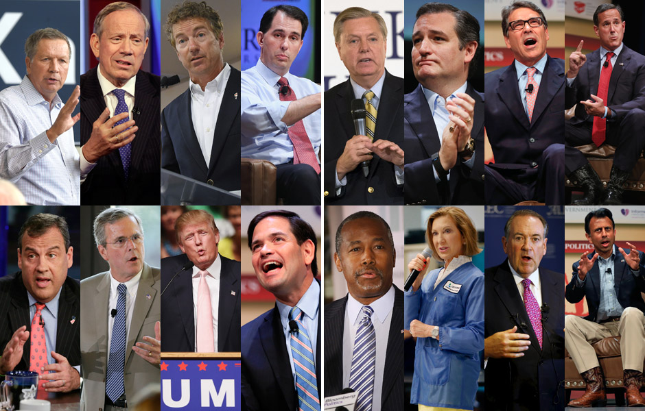 Fotomontagem com todos os 16 pr-candidatos do Partido Republicano  Presidncia dos EUA; eles se enfrentaro em primrias nos prximos meses