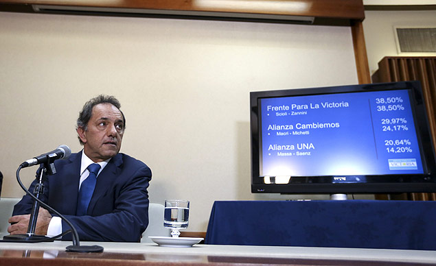 O candidato do governo  presidncia argentina, Daniel Scioli, durante coletiva de imprensa, em agosto, em Buenos Aires
