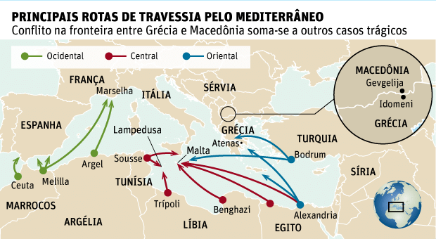 PRINCIPAIS ROTAS DE TRAVESSIA PELO MEDITERRÂNEOConflito na fronteira entre Grécia e Macedônia soma-se a outros casos trágicos 