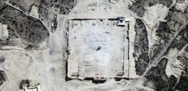 Fotos de satélite mostram como era o templo de Bel, na cidade de Palmira, antes e depois de ser destruído