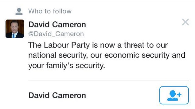 Pelo Twitter, primeiro-ministro britânico David Cameron diz que opositor trabalhista é 'ameaça à segurança nacional