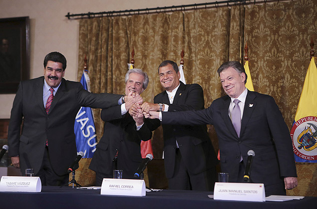 Presidentes Maduro (Venezuela), Vzquez (Uruguai), Correa (Equador) e Santos (Colmbia), em 21.set