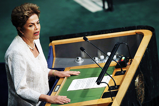 NEW YORK, NY - SEPTEMBER 28: Brazilian President Dilma Rousseff delivers remarks at the United Nations General Assembly on September 28, 2015 in New York City. The ongoing war in Syria and the refugee crisis it has spawned are playing a backdrop to this years 70th annual General Assembly meeting of global leaders. Spencer Platt/Getty Images/AFP == FOR NEWSPAPERS, INTERNET, TELCOS & TELEVISION USE ONLY ==