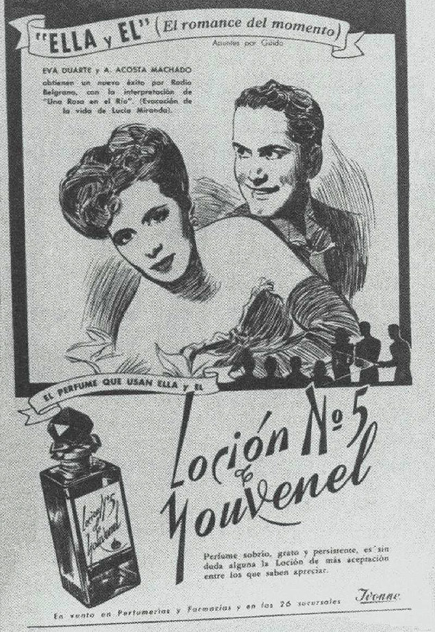 Publicidade de perfume com desenho de Eva Duarte e do ator de radionovela Amrico Acosta Machado, de 1944