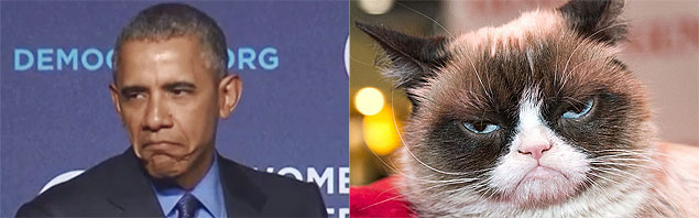 Democrata Barack Obama aproveita evento democrata para imitar o gato mais mal-humorado da internet, o Grumpy Cat