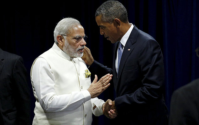 O premi da ndia, Narendra Modi, e o presidente dos EUA, Barack Obama, durante reunio na ONU 