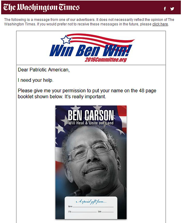 E-mail patrocinado enviado pelo jornal "Washington Times" de um anunciante, pedindo doaes a Ben Carson