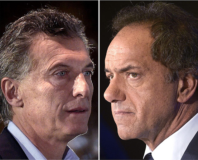 Mauricio Macri ( esq.) e Daniel Scioli, que se enfrentam em debate a uma semana do segundo turno 