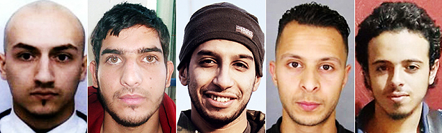 This combination of photos made in Paris on November 18, 2015 shows the suspected mastermind of the November 13, 2015 Paris attacks, 28-year-old Belgian IS group leading militant Abdelhamid Abaaoud (C), French Bilal Hadfi (L) one of the suicide bombers who blew himself outside the Stade de France stadium, Samy Amimour (R), one of the suicide bombers who attacked a Paris concert hall, suspect at large French Salah Abdeslam (2nd R), and an unidentified man (2nd L) suspected of being involved in the attacks. AFP PHOTO -- RESTRICTED TO EDITORIAL USE, DISTRIBUTED AS A SERVICE TO CLIENTS FROM ALTERNATIVE SOURCES, AFP IS NOT RESPONSIBLE FOR ANY DIGITAL ALTERATIONS TO THE PICTURE'S EDITORIAL CONTENT, NO MARKETING NO ADVERTISING CAMPAIGNS -- ORG XMIT: -01