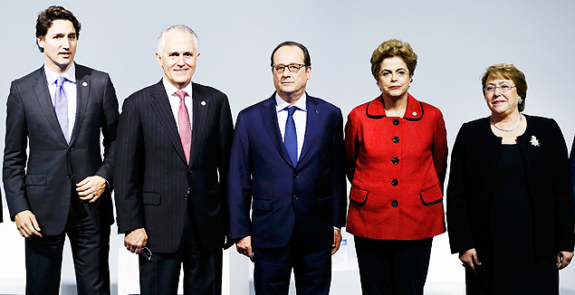 Justin Trudeau, Malcolm Turnbull, Franois Hollande; Dilma Rousseff e Michelle Bachelet em Paris