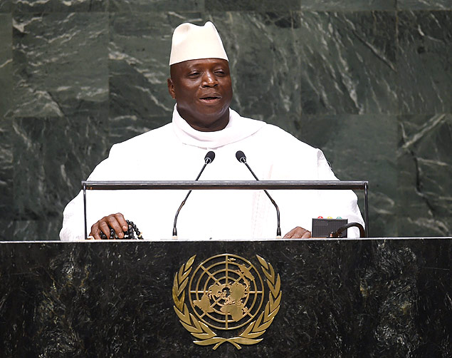 (FILES) This file photo taken on September 25, 2014 shows Gambian President Al Hadji Yahya Jammeh addressing the 69th session of the United Nations General Assembly at the United Nations in New York. The president of the Gambia has declared his country is now "an Islamic state," his office said on December 12, 2015, adding that "the rights of the citizens" would be protected. "Gambia's destiny is in the hands of the Almighty Allah. As from today, Gambia is an Islamic state. We will be an Islamic state that will respect the rights of the citizens", it quoted President Yahya Jammeh as saying in the city of Brufut on Thursday, "where he concluded his dialogue-with-the-people tour." / AFP / DON EMMERT ORG XMIT: DEX023