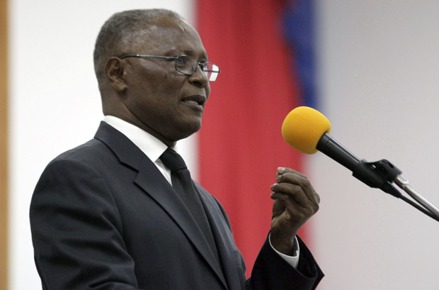 Provisional president candidate Jocelerme Privert gives his speech in the Special Bicameral Commission for the election of the provisional President of the Republic in the Haitian Parliament in Port-au-Prince, Haiti, February 13, 2016. Picture taken February 13, 2016. REUTERS/Andres Martinez Casares ORG XMIT: AMC11
