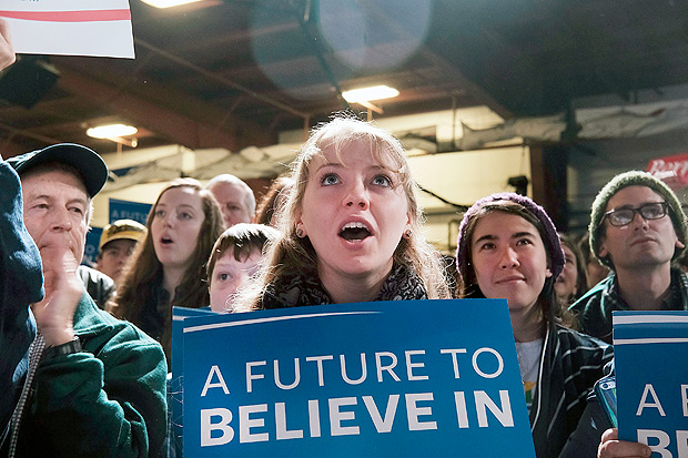ESSEX JUNCTION, VT - MARCH 01: People cheer as Democratic presidential candidate, Sen. Bernie Sanders (D-VT) speaks after winning the Vermont primary on Super Tuesday on March 1, 2016 in Essex Junction, Vermont. Thirteen states and one territory are participating in today's Super Tuesday: Alabama, Alaska, Arkansas, Colorado, Georgia, Massachusetts, Minnesota, Oklahoma, Tennessee, Texas, Vermont, Virginia, Wyoming and American Samoa. Spencer Platt/Getty Images/AFP == FOR NEWSPAPERS, INTERNET, TELCOS & TELEVISION USE ONLY ==