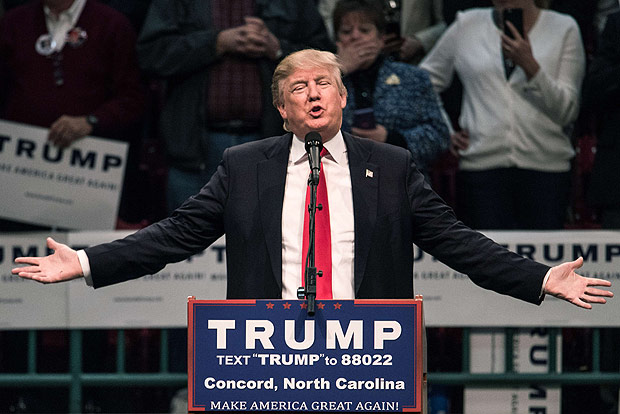 CONCORD, NC - MARCH 7: Republican presidential candidate Donald Trump addresses the crowd at a campaign rally March 7, 2016 in Concord, North Carolina. The North Carolina Republican presidential primary will be held March 15. Sean Rayford/Getty Images/AFP == FOR NEWSPAPERS, INTERNET, TELCOS & TELEVISION USE ONLY ==