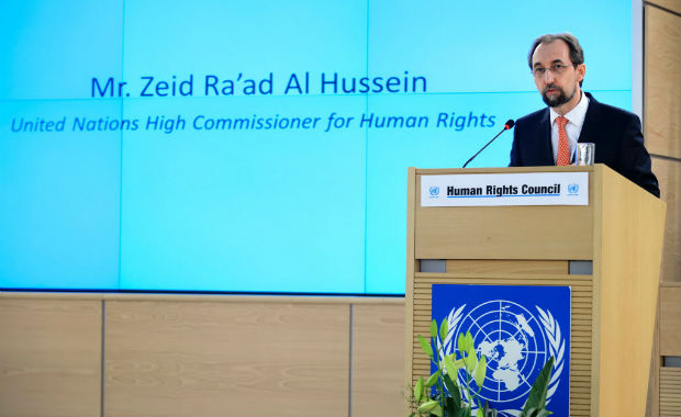 United Nations High Commissioner for Human Rights Zeid Ra'ad Al Hussein delivers his speech at the opening of the main annual session of the United Nations Human Rights Council main annual session on February 29, 2016 in Geneva. / AFP / FABRICE COFFRINI ORG XMIT: FAB188