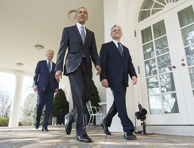 Merrick Garland ( dir.) e Barack Obama aps anncio de nomeao para Suprema Corte dos EUA