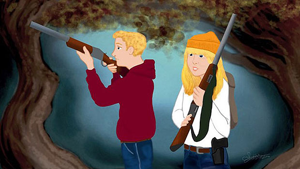 Os personagens Joo e Maria com dois rifles na mo na releitura de histrias infantis feita pela NRA