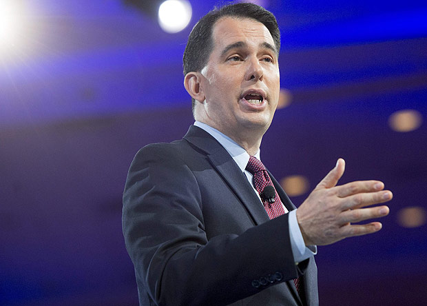 Republican Wisconsin Governor Scott Walker speaks during the annual Conservative Political Action Conference (CPAC) 2016 at National Harbor in Oxon Hill, Maryland, outside Washington,DC March 3, 2016. Republican activists, organizers and voters gather for the Conservative Political Action Conference at a critical moment for the Republican Party as Donald Trump marches towards the presidential nomination and GOP stalwarts consider whether -- or how -- to stop him. / AFP / SAUL LOEB ORG XMIT: SAL005