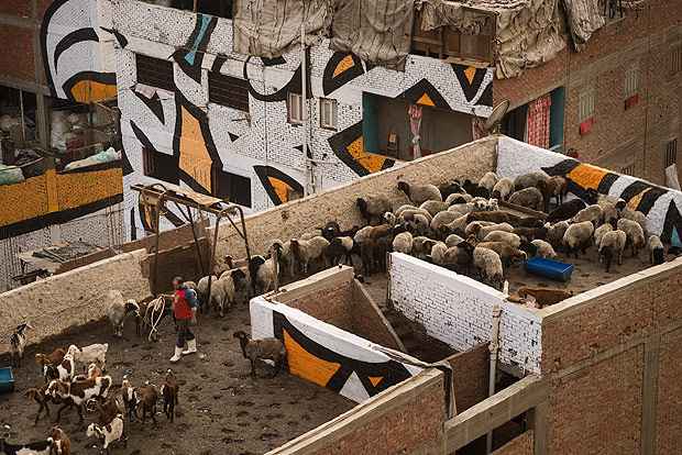 Livestock on one of more than 50 buildings painted with a mural by the artist eL Seed, in the Manshiyat Naser district of Cairo, often associated with squalor, on March 17, 2016. The artist used the buildings as his canvas to celebrate the Egyptian capital€s trash collectors, who are largely viewed as second-class citizens. (David Degner/The New York Times) ORG XMIT: XNYT54 ***DIREITOS RESERVADOS. NO PUBLICAR SEM AUTORIZAO DO DETENTOR DOS DIREITOS AUTORAIS E DE IMAGEM***