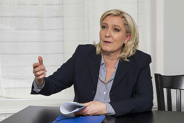 This photo taken on March 24, 2016 shows French far-right Front National (FN) party leader Marine Le Pen holds a press conference at the Hotel Robert in Saint-Pierre, as part of her visit to the French overseas archipelago of Saint-Pierre et Miquelon.