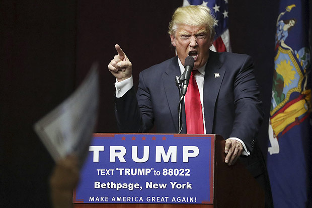 O pré-candidato republicano à Presidência dos EUA Donald Trump fala durante evento em Nova York