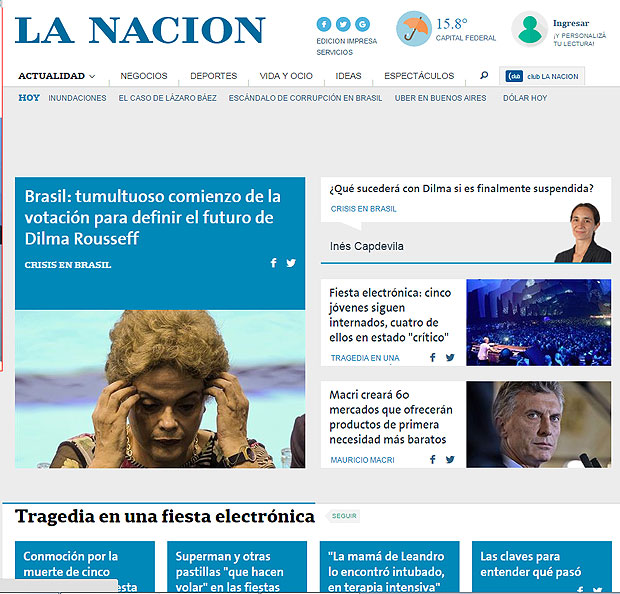 Homepage do jornal argentino "La Nacion" dava destaque  situao poltica no Brasil