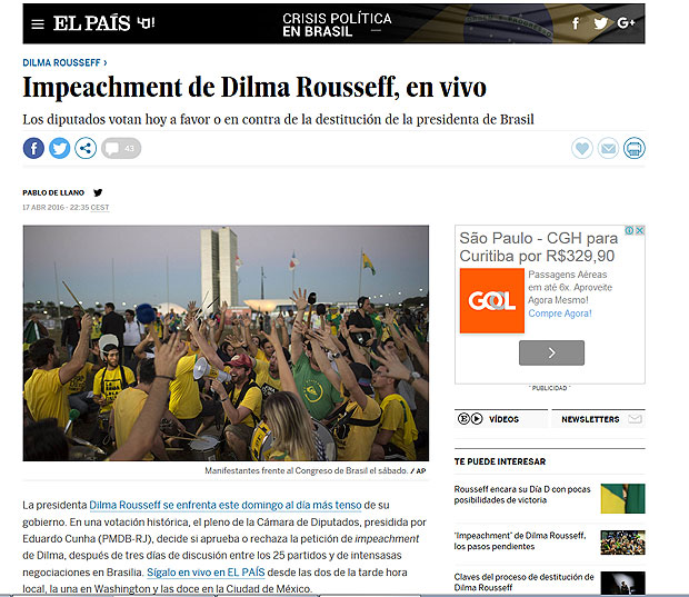 Para o "El Pas", Dilma enfrenta neste domingo (17) "o dia mais tenso do seu governo"