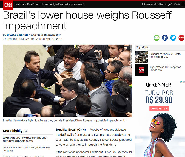 Matria no site da CNN Internacional sobre processo de impeachment da presidente Dilma Roussef