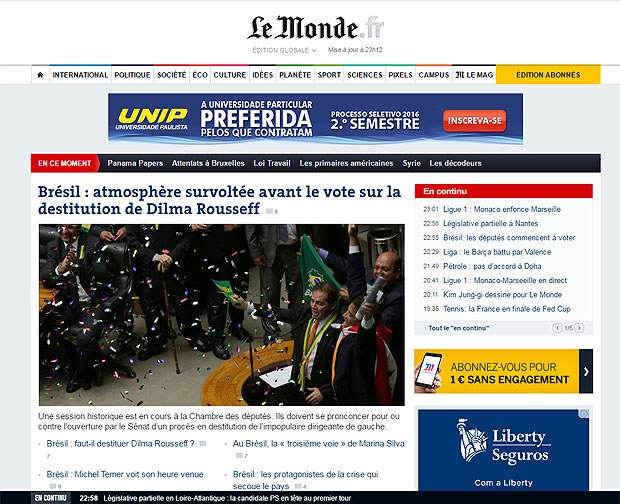 A votao na Cmara era a manchete do site do jornal francs "Le Monde"