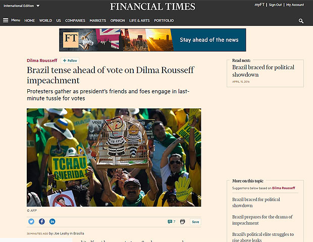 Segundo o "Financial Times", a queda de Dilma  desejada pelo setor econmico