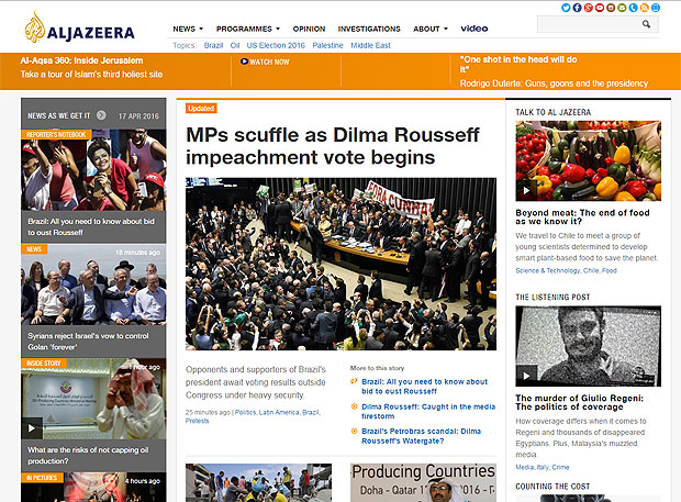 Site da "Al Jazeera" d destaque  votao na Cmara sobre o impeachment da presidente Dilma