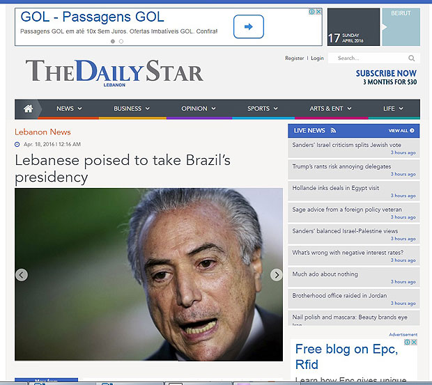 O dirio libans "Daily Star" destacava a possibilidade de que Michel Temer assumisse o poder