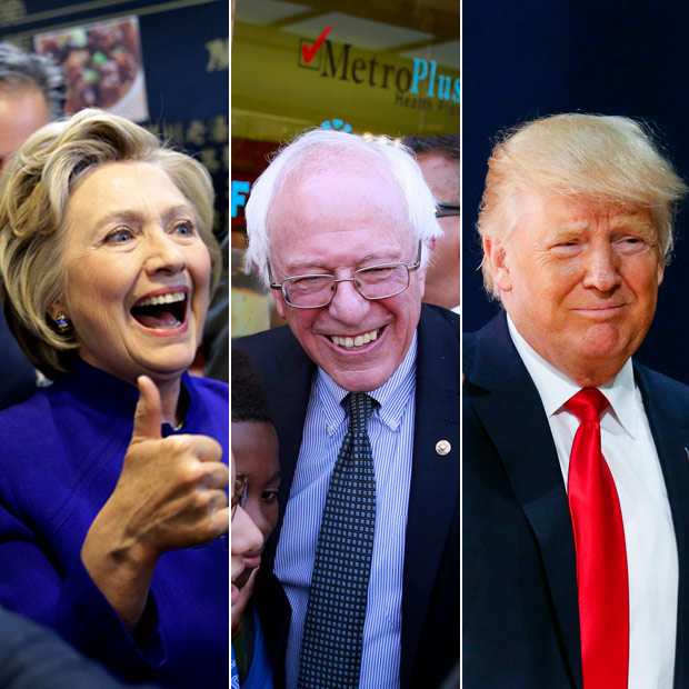 Os pr-candidatos  Casa Branca Hillary Clinton, Bernie Sanders e Donald Trump