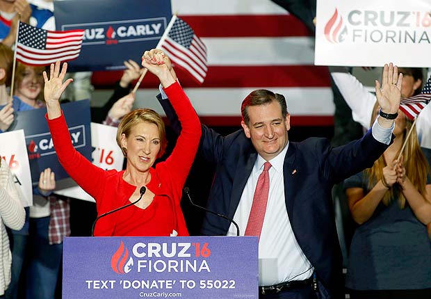 O pré-candidato republicano à Casa Branca Ted Cruz, na apresentação da sua vice, Carly Fiorina