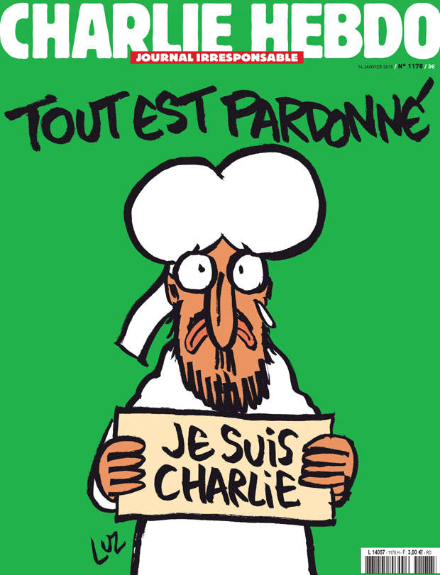 Capa do jornal "Charlie Hebdo" em que Maomé segura placa com a frase "Tudo é perdoado"