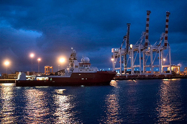 The Fugro Equator arriving before dawn in Fremantle, Australia, in early May after 43 days at sea searching for Malaysia Airlines Flight 370. Credit David Parker for The New York Times 