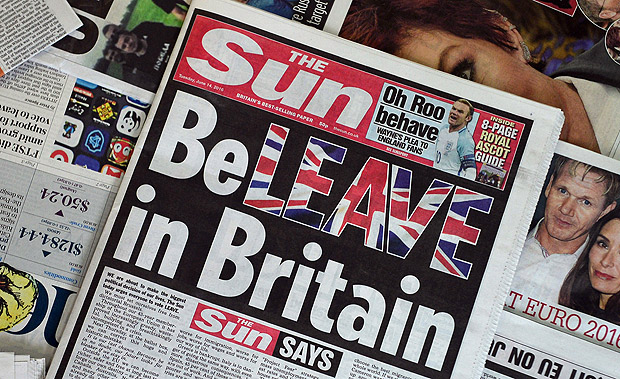 Capa do jornal britnico "The Sun" desta tera (14) defendendo a sada do Reino Unido da Unio Europeia; manchete brinca com as palavras "beleave" (acreditar) e "leave" (sair)