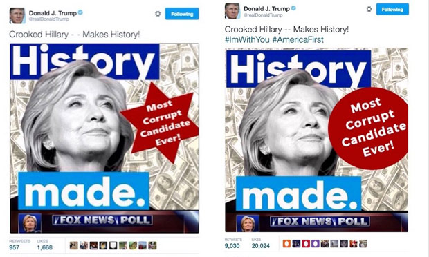 Perfil de Trump no Twitter trocou imagem com estrela de seis pontas sobre Hillary Clinton aps crticas de antissemitismo