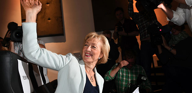 British Conservative Party leadership candidate Andrea Leadsom waves to supporters before delivering a leadership rally speech in central London on July 7, 2016. Conservative lawmakers will on Thursday choose the final two candidates to replace David Cameron as Britain's next prime minister -- and lead the country out of the European Union. Interior minister Theresa May is the frontrunner, but two Brexit campaigners, Michael Gove and Andrea Leadsom, are battling to be her opponent in the final contest, which will be decided by 150,000 Conservative Party members. / AFP PHOTO / BEN STANSALL ORG XMIT: 2150