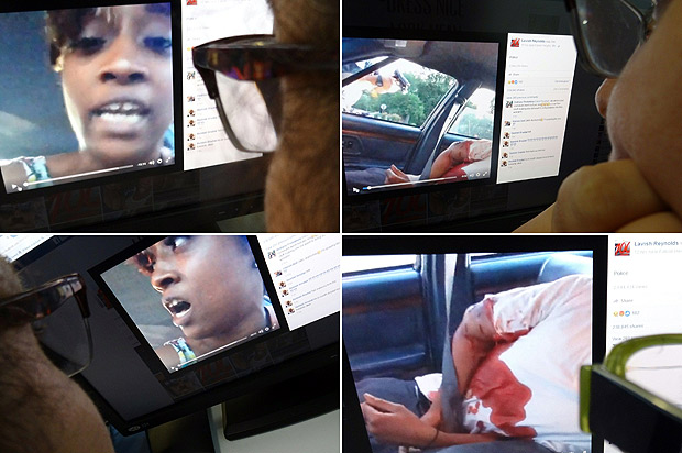 (COMBO) This combination of pictures created on July 07, 2016 shows an editor watching a video in Washington, DC, of the dying moments of a black man shot by Minnesota police after being pulled over while driving. A woman, identified on her Facebook page as Lavish Reynolds, livestreamed her boyfriend's dying moments after a new police shooting a day after a similar event in Louisiana. Police confirmed the shooting by an officer. Family and activists identified the victim as school cafeteria worker Philando Castile, 32. Castile can be seen in the driver seat, large blood stains spreading through his white shirt. Reynolds sat next to him and her young daughter was also traveling in the car. / AFP PHOTO / STF