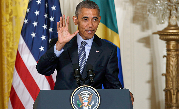 Barack Obana, durante coletiva de imprensa com Dilma Rousseff, em Washington, em 2015