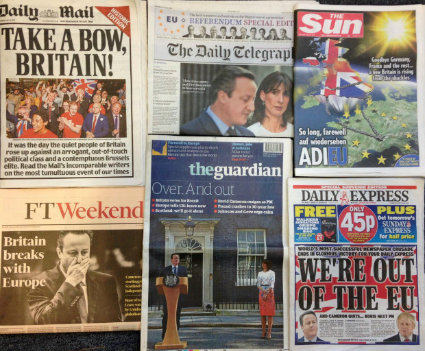 Imagem das edies dos jornais britnicos no sbado seguinte  votao pela sada britnica da UE