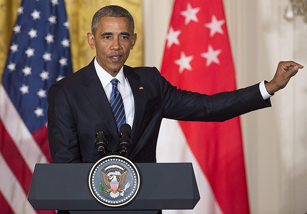 O presidente americano, Barack Obama, durante a visita do premi de Cingapura  Casa Branca nesta tera (2)