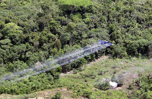 Avio fumiga pesticida em cultivo de coca em San Miguel, na fronteira com o Equador