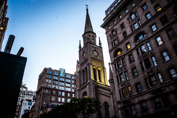 Marble Collegiate Church in Manhattan, where Donald Trump was first wed and attended Sunday services off and on for almost 50 years, Aug. 26, 2016. Marble is one of Americas oldest and most famous churches, long a favorite of business leaders due to the late Rev. Norman Vincent Peale, whose books made the power of positive thinking into a national catchphrase. (George Etheredge/The New York Times)