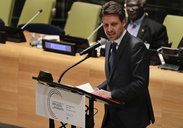 Guillaume Long, chanceler do Equador, fala em reunião sobre refugiados na ONU