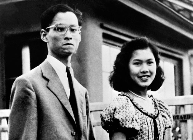 This file picture released in September 1949 shows Sirikit Kitiyakara, then the fiancee of Bhumibol Adulyadej (L), the future Thai King. Thailand's King Bhumibol Adulyadej has died after a long illness, the palace announced on October 13, 2016, ending a remarkable seven-decade reign and leaving a divided people bereft of a towering and rare figure of unity. / AFP PHOTO / STR ORG XMIT: DOC04