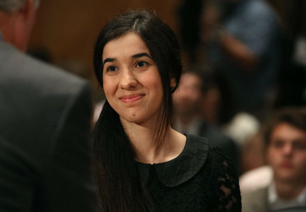 (FILES) This file photo taken on June 21, 2016 shows Nadia Murad, human rights activist, testifying during Senate Homeland Security and Governmental Affairs Committee hearing on Capitol Hill, in Washington, DC. Two Yazidi women activists who escaped the Islamic State group in Iraq have been awarded the European Parliament's prestigious Sakharov human rights prize for this year on October 27, 2016, European sources told AFP. The prize will go to Nadia Murad and Lamia Haji Bashar -- who campaign to protect their Yazidi people and were enslaved by IS -- during a midday session of the assembly in Strasbourg, France, the sources told AFP. / AFP PHOTO / GETTY IMAGES NORTH AMERICA / MARK WILSON