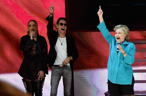 MIAMI, FL - OCTOBER 29: Jennifer Lopez, Marc Anthony and Hillary Clinton are seen at the Jennifer Lopez Gets Loud for Hillary Clinton Concert on October 29, 2016 in Miami, Florida. Gustavo Caballero/Getty Images/AFP == FOR NEWSPAPERS, INTERNET, TELCOS & TELEVISION USE ONLY ==
