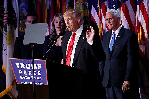 NEW YORK, NY - NOVEMBER 09: Republican president-elect Donald Trump delivers his acceptance speech during his election night event at the New York Hilton Midtown in the early morning hours of November 9, 2016 in New York City. Donald Trump defeated Democratic presidential nominee Hillary Clinton to become the 45th president of the United States. Joe Raedle/Getty Images/AFP == FOR NEWSPAPERS, INTERNET, TELCOS & TELEVISION USE ONLY ==